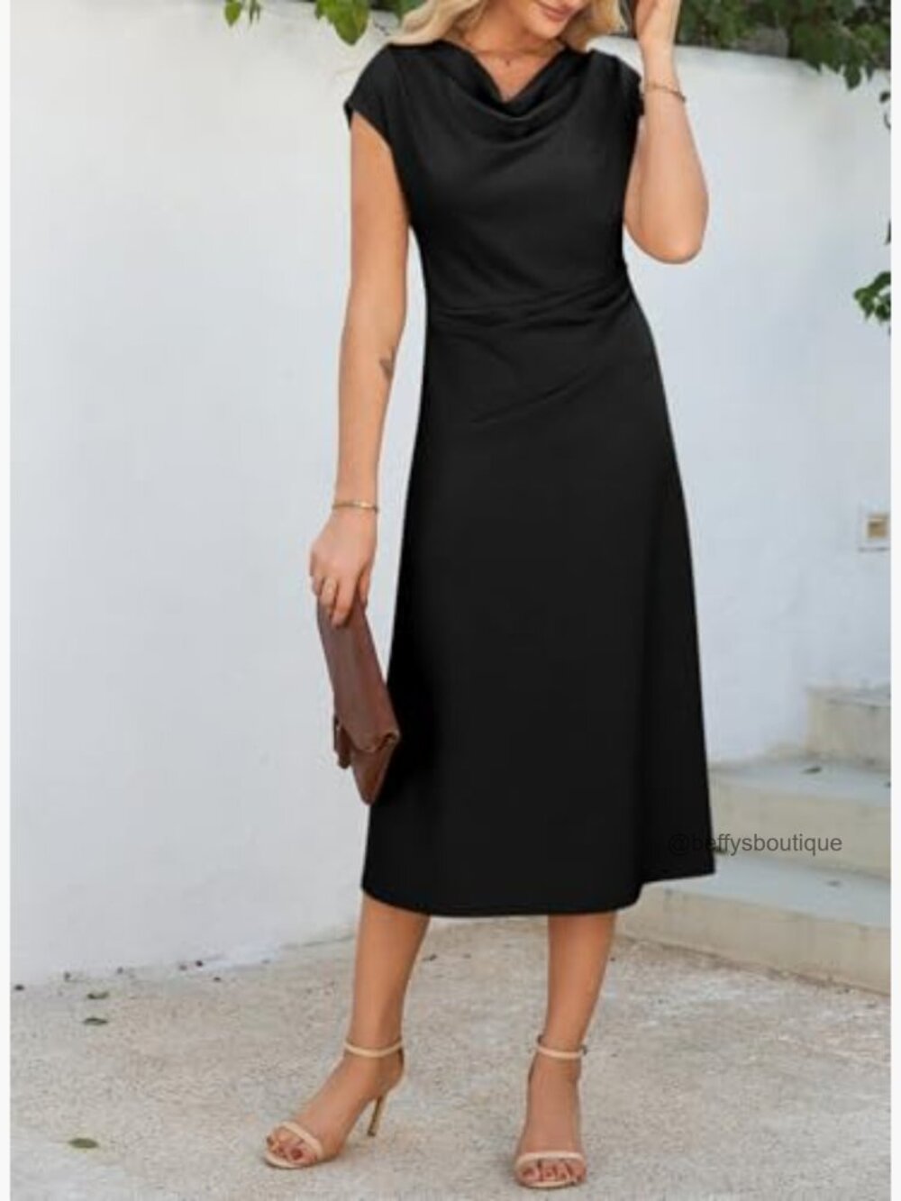 Short Sleeve Cowl Neck Ruched Waist A Line Midi Dress Flowy Party Cocktail Dress - Picture 5 of 7